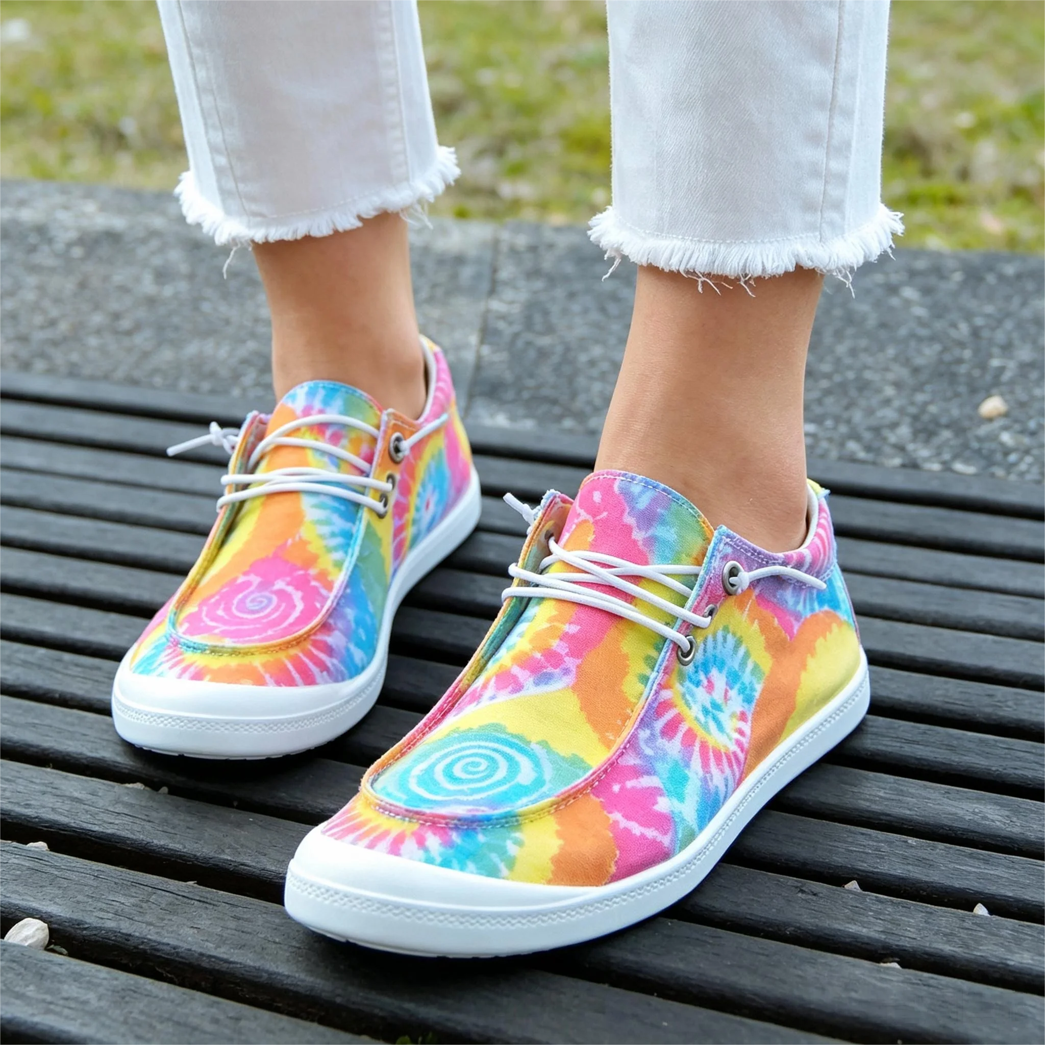 Women Colorful Tie‑Dye Swirl Print Canvas Sneakers Elastic No‑tie Lace‑up Flat Casual Shoes Ladies Lightweight Soft‑Sole Lazy Daily Walking Boho Female Footwear