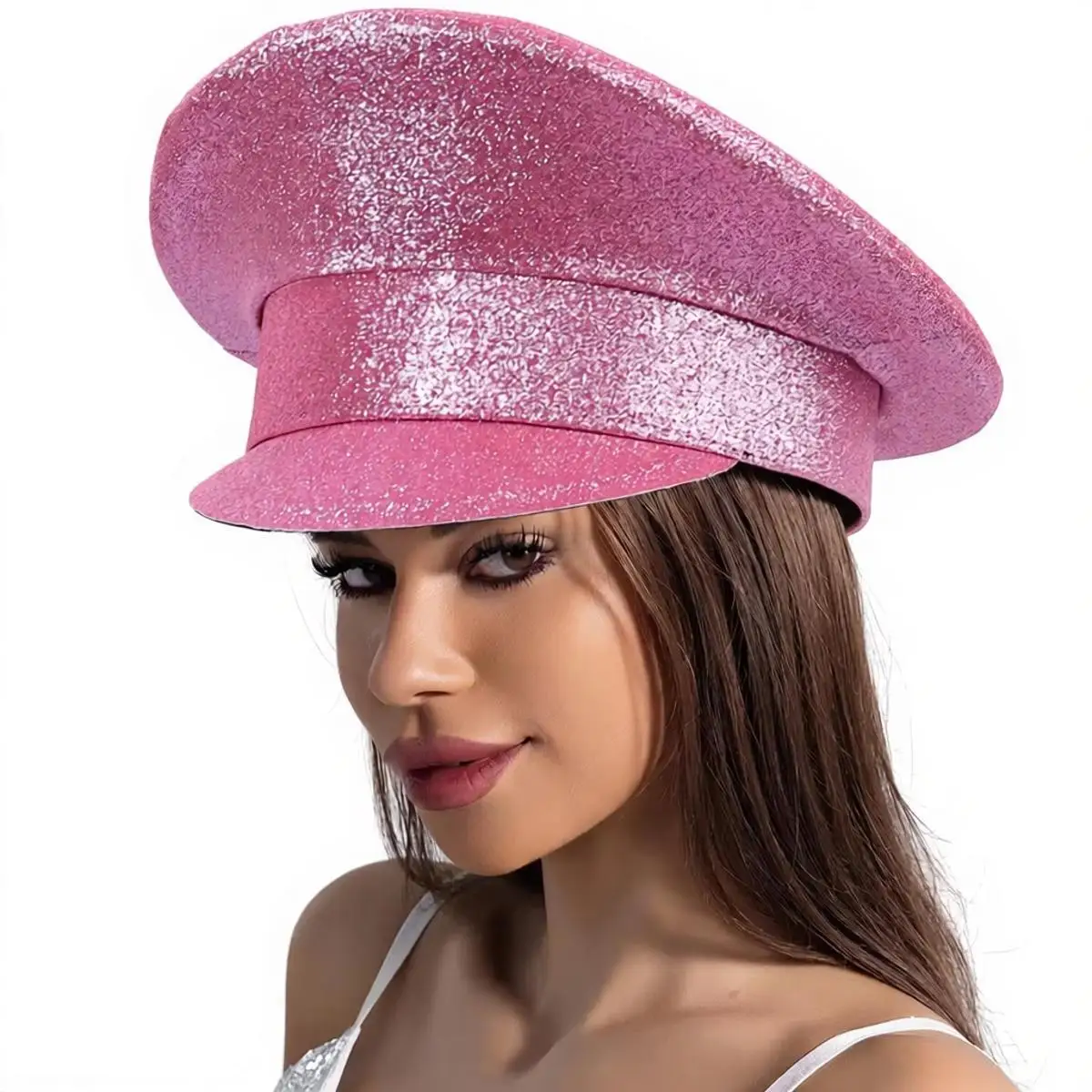 Unisex Y2k Girls Navy Hat Sequin Hat Party Bachelorette Club PU Leather Beret Fashion Bling Captain Hats Sailor Military Caps