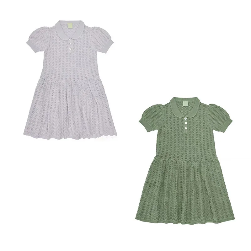 

Jenny&Dave 2023 Spring/Summer New Children's Dress Hollow out Thin Combed Cotton Knitted Short Sleeve Dress Purple Green Girl