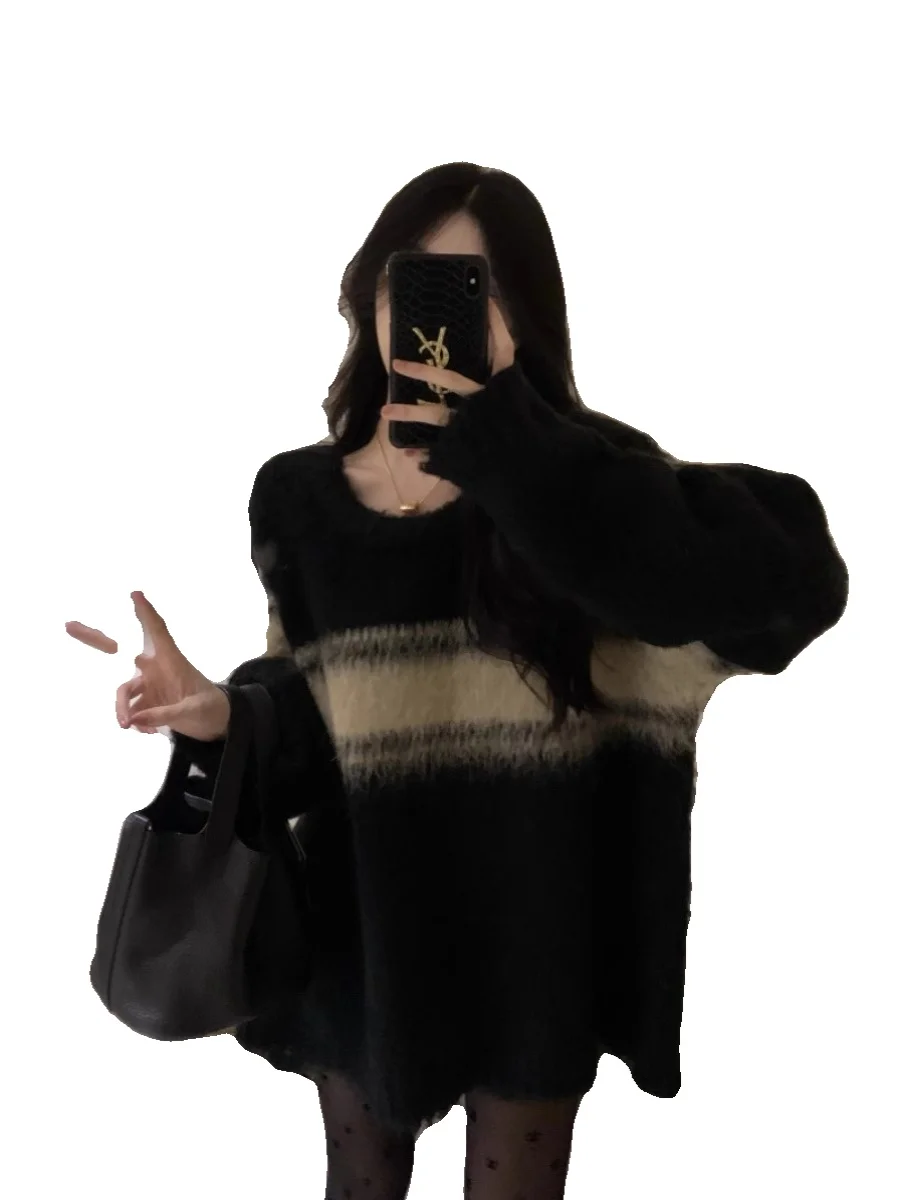 부드럽고 아늑한 한국 스타일 레이지 스웨터 여성용 가을 겨울 루즈핏 빈티지 스트라이프 니트 탑 편안한 로우 라운드넥 긴팔