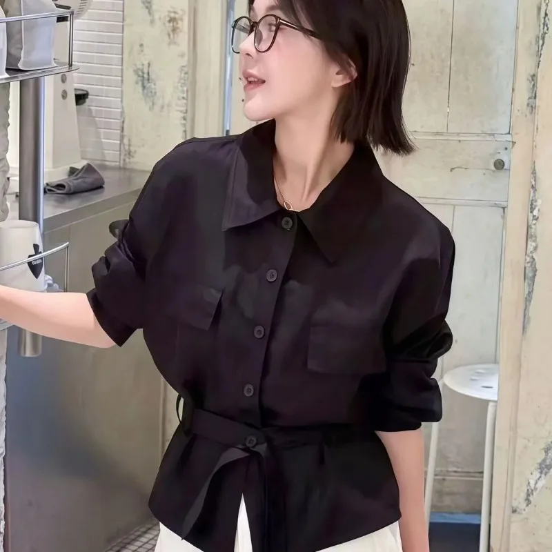 유럽 스타일 여성용 긴팔 셔츠 2025 가을 패션 다용도 루즈핏 솔리드 컬러 벨트 블라우스