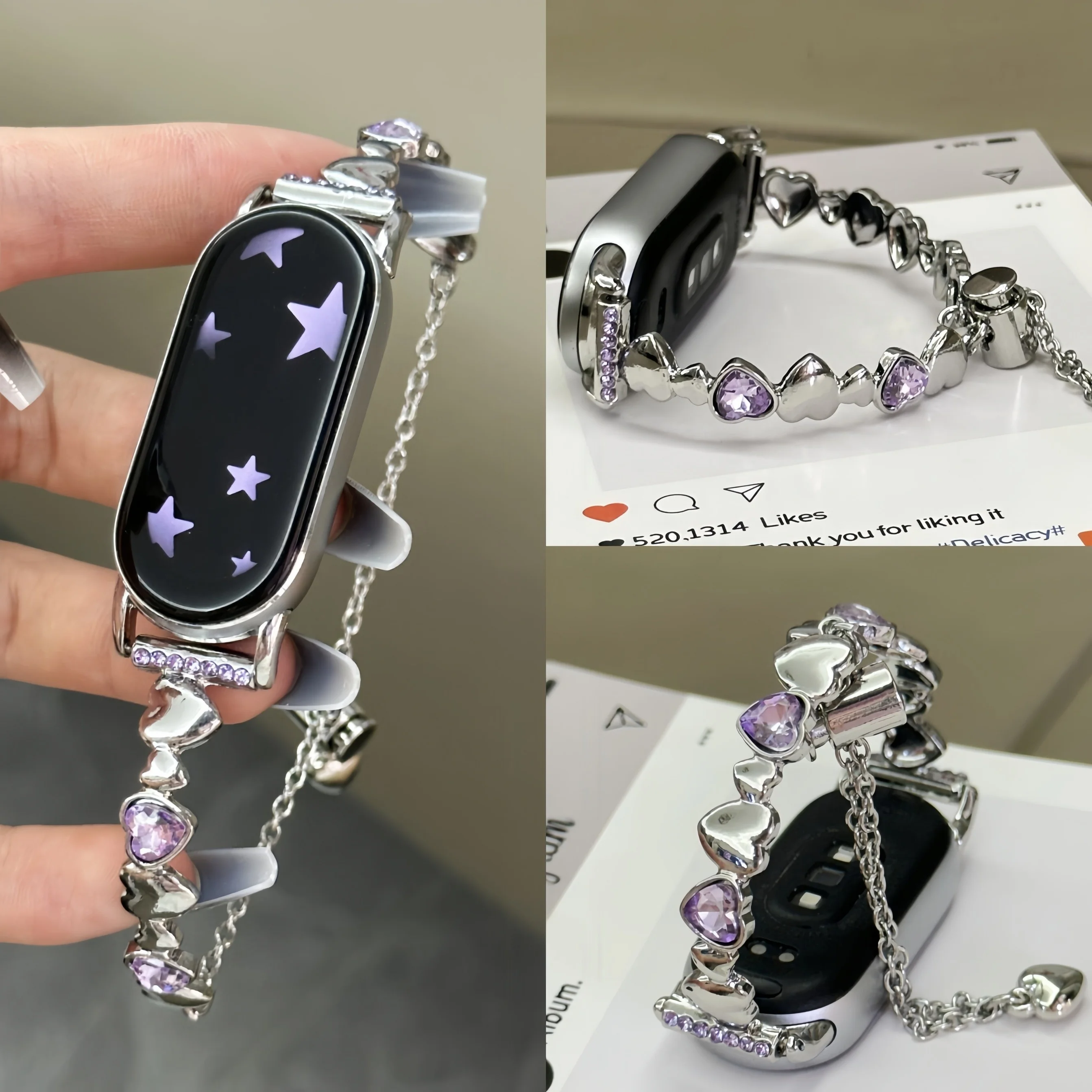 

Love Sparkling Diamond Chain Strap Suitable for Xiaomi Band 8Pro/9Pro，For Mi band 3/4/5/6/7，8/8NFC/9/9NFC/10/10NFC，For Redmi Wat