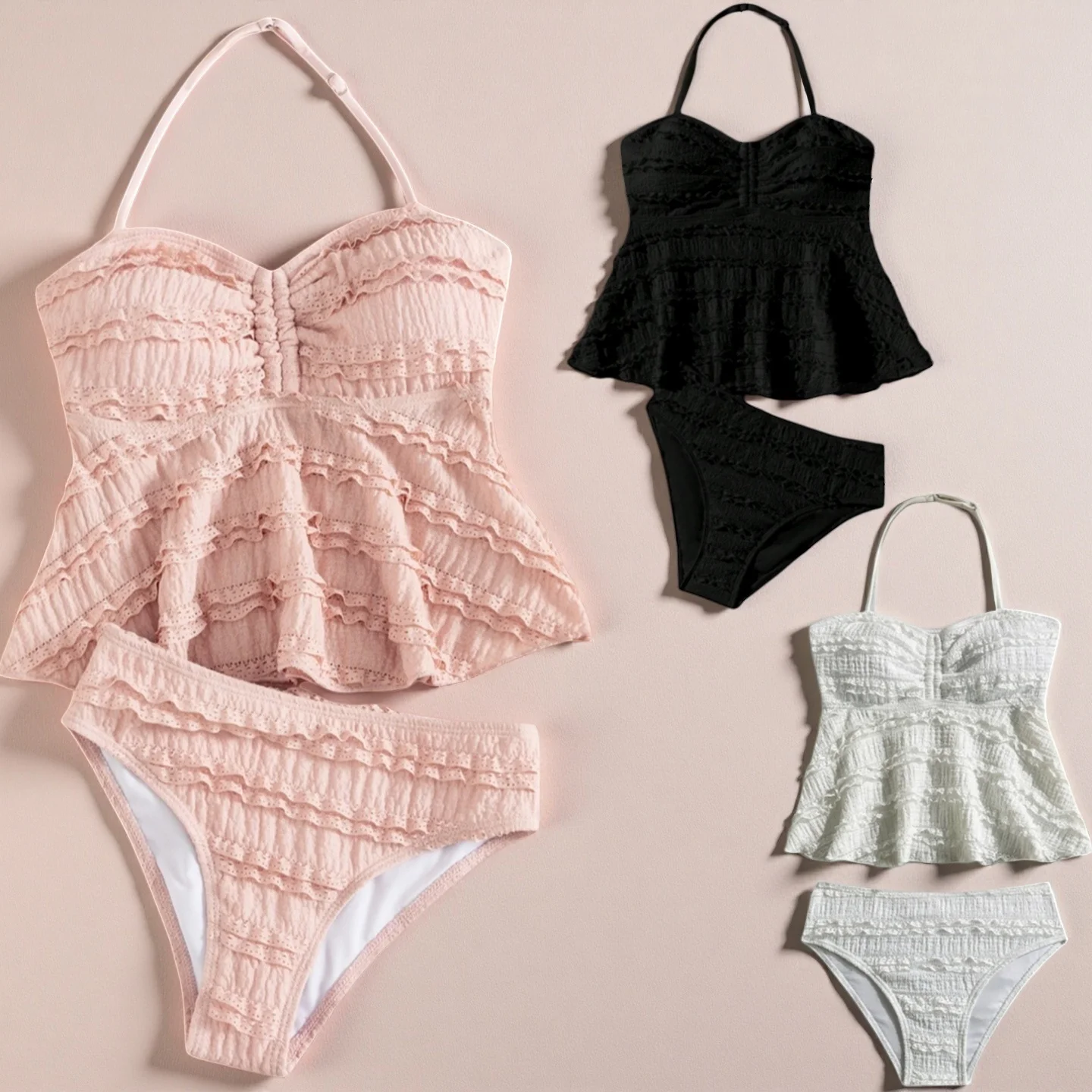 Single-Color Tankini Swimwear for Girls Cute Bikini Bathing Suit Tween And Teen Girl Swimsuit 2 Pcs Set Summer Outfits 8-16Y