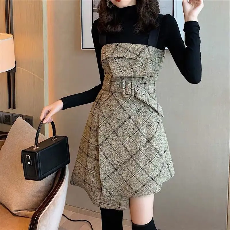 2023 Autumn Winter Women's 2 Piece Dress Set Lady Graceful Slim Plaid Mini Irregular Dresses Sweater Suit Fashion Outfits Female