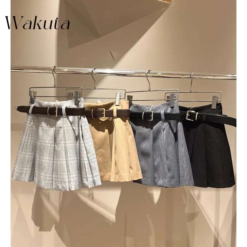 

WAKUTA Japanese Preppy Style Autumn Winter Women Mini Skirt Streetwear High Waist Black Khaki Plaid Pleated Skirt Y2k Streetwear