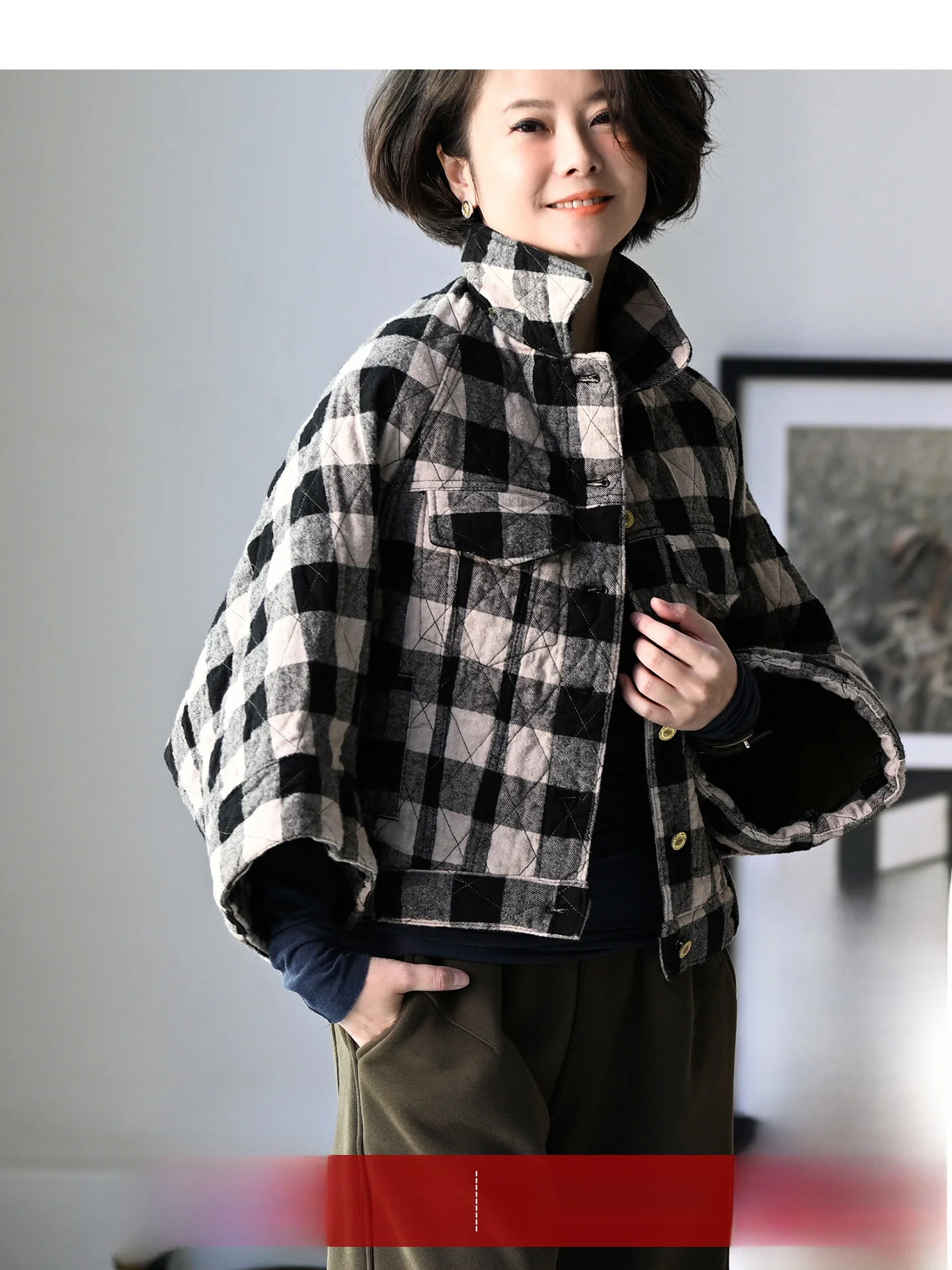 

Korean Sle ort Plaid Collar Jaet Wide Sve Cotton Coat Women's Milan Declaration Autumn Season Faion Outerwear