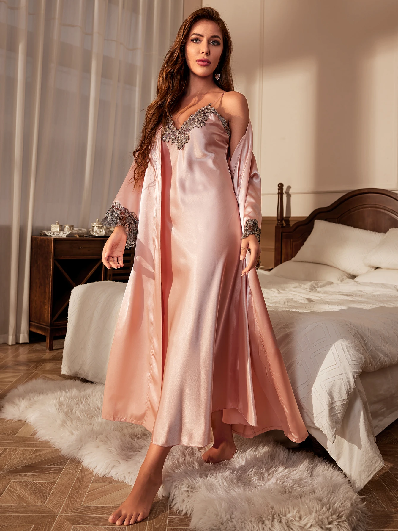 Contrast Lace Pajama Set Long Sleeve Robe With Belt  V Neck Slip Dress Women's Sleepwear  Loungewear