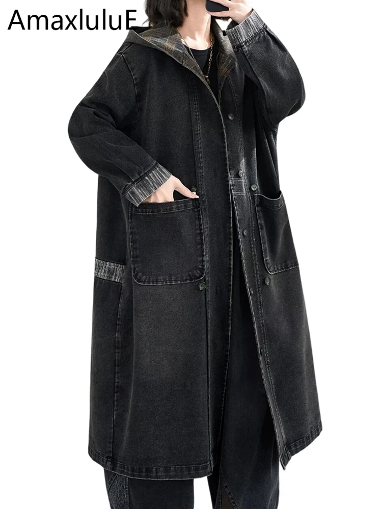 

Amax LuluE Spring 2026 Vintage Patchwork Trench Coats Females Fashion Hooded Denim Windbreakers Women Korean Casual Long Clothes