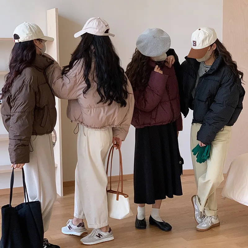 

Новый однотонный пуховик с воротником-стойкой, теплый пуховик, короткое свободное зимнее пальто, хлопковое пальто в стиле хлеба