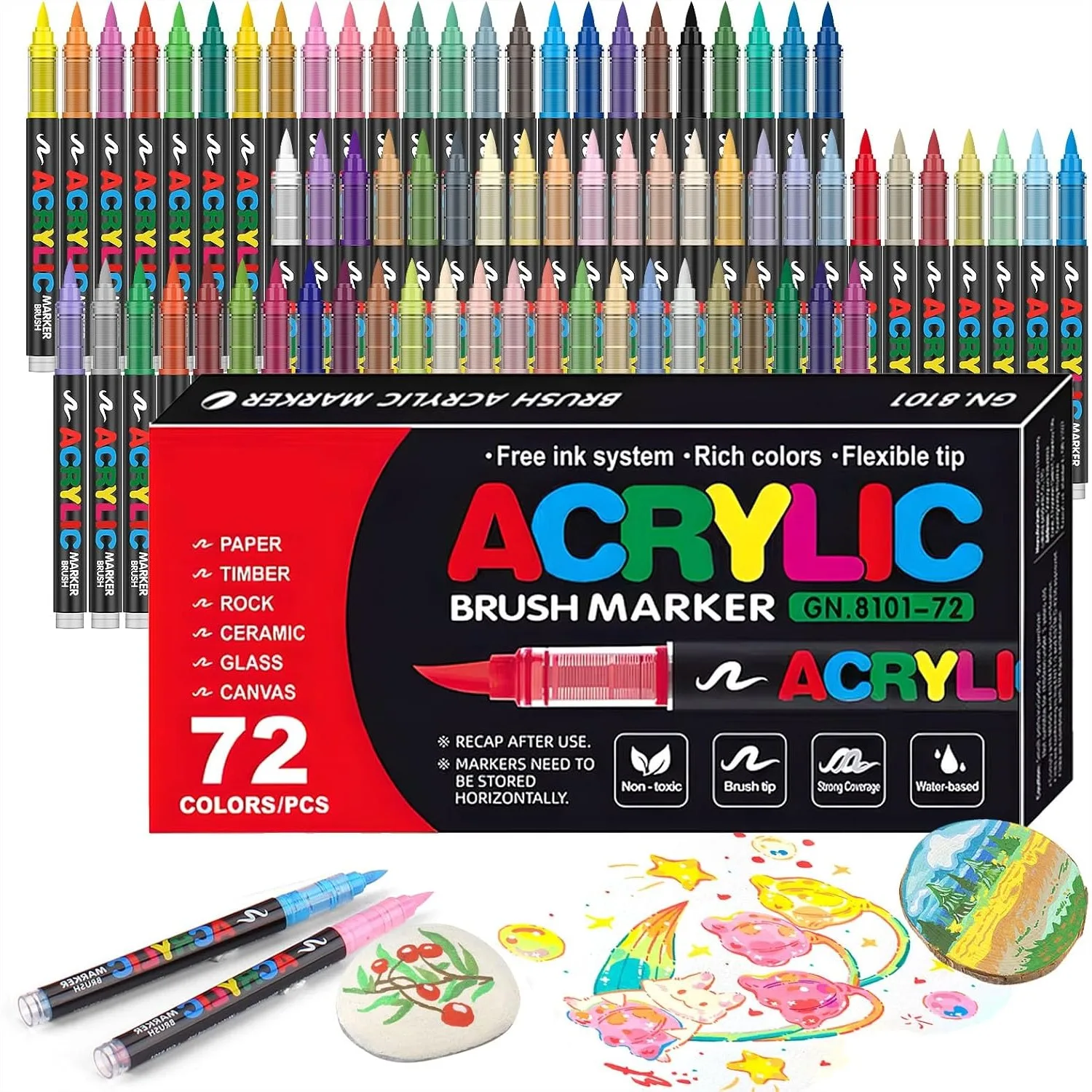 

72 Colors Acrylic Paint Markers Set With Brush Tip For Rock Wood Canvas Fabric DIY Crafts