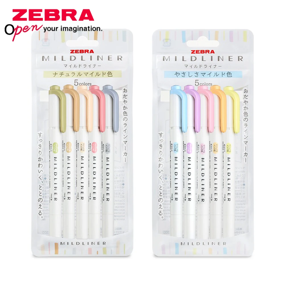 

5pcs Japan ZEBRA Double Headed Highlighter Pens Set WKT7 Mildliner Student Colorful Markings Cute School Office Stationery