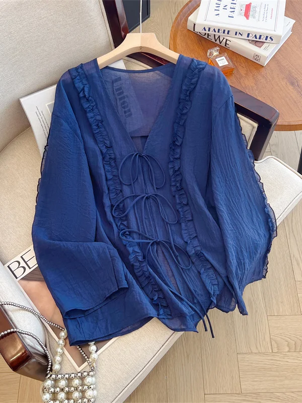 Retro Beautiful Wood ain  Tie V-ne Sun Protection irt Women Summer Thin Loose Long Sve Open Cardigan Top