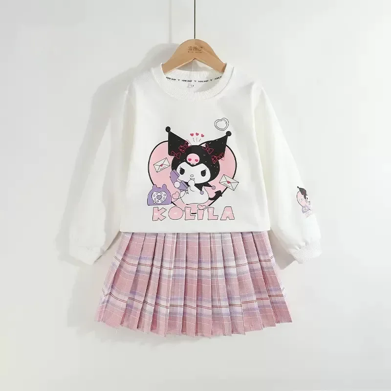 Children Clothes Set Spring Autumn Kids Kuromi Long Sleeved Sweater Tops+Checkered Pleated Skirt 2pce Teen Girls Preppy Clothing