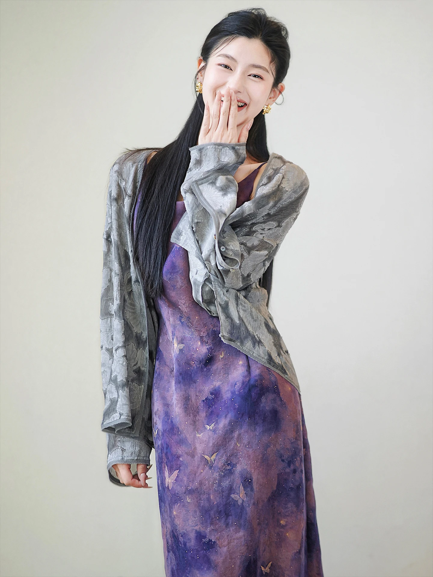 

Zhaodaixi Rose Silk Open Cardigan 00% Silk Base Comfortable Long Sve Ultra Light Simple Sle Women's irt for Commuting