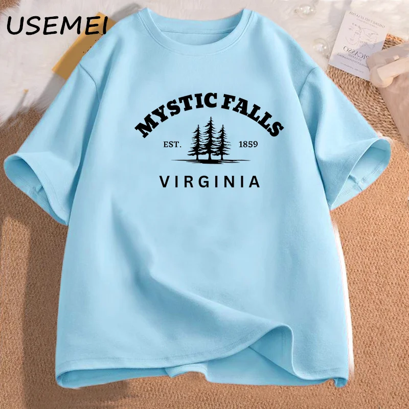 Mystic Falls Virginia T-shirt Cotton Women Men Salvatore Vampire Diares Damon T Shirt Virgina Print Tshirts Womans Clothing