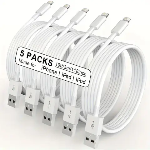 5Packs 10FT Long Lightning Charging Cable For iPhone 14 13 12 11 Pro XR X XS Max TPE 12W USB A To Lightning Charger Data Cord