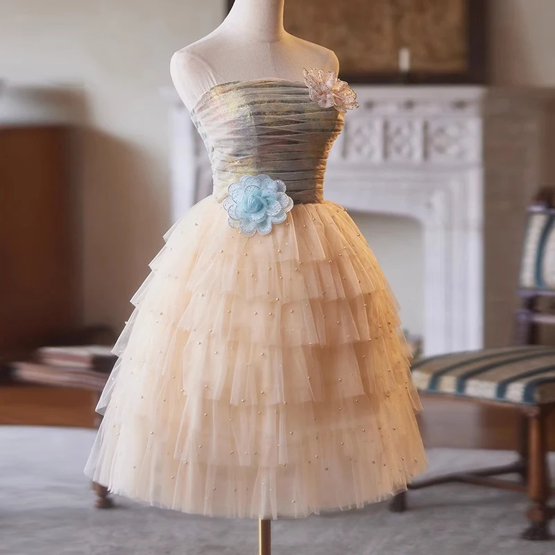 AnXin SH vintage princesa champanhe renda sem alças miçangas pérolas sem mangas rendas até vestido de noite personalizado pequeno vestido preto