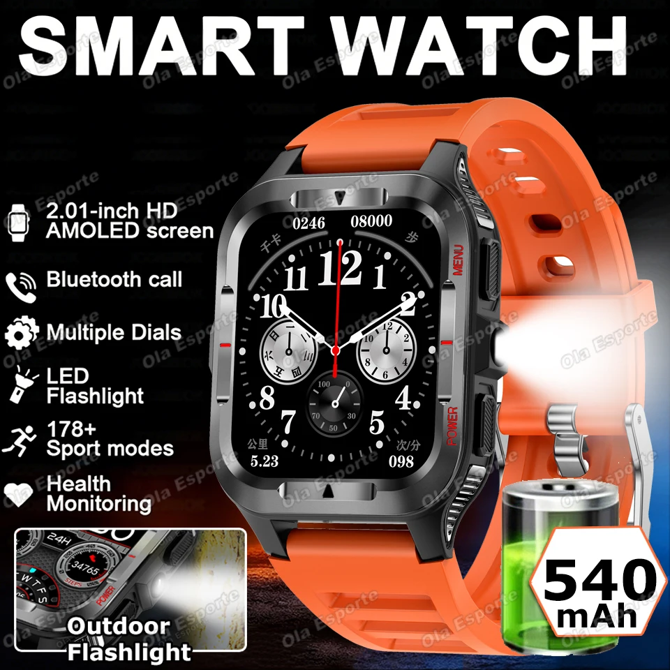 

Смарт-часы Ola Esporte Military Outdoor 2026 с LED-фонариком, пульсометром, Bluetooth-вызовами, монитором здоровья, спортивные, водонепроницаемые ‎ HT30