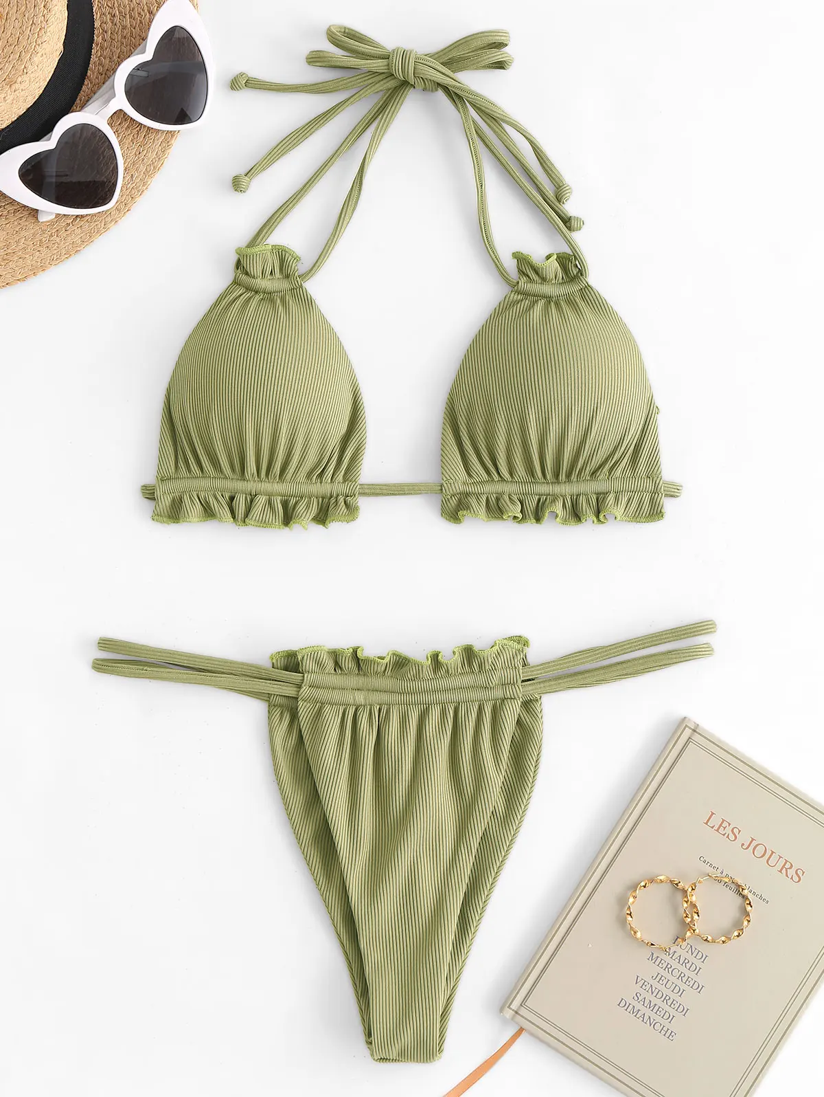 ZAFUL Ribbed Ruffle Loincloth Bikini Swimwear