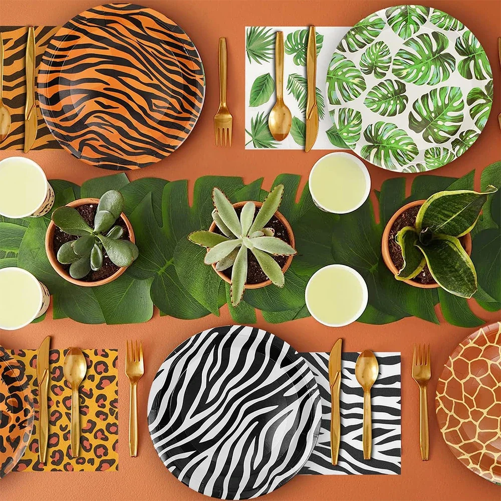 Safari Tableware Woodland Animal Palm Print Plates Napkins Kids Jungle Animal Birthday Summer Wedding Party Decorations Supplies