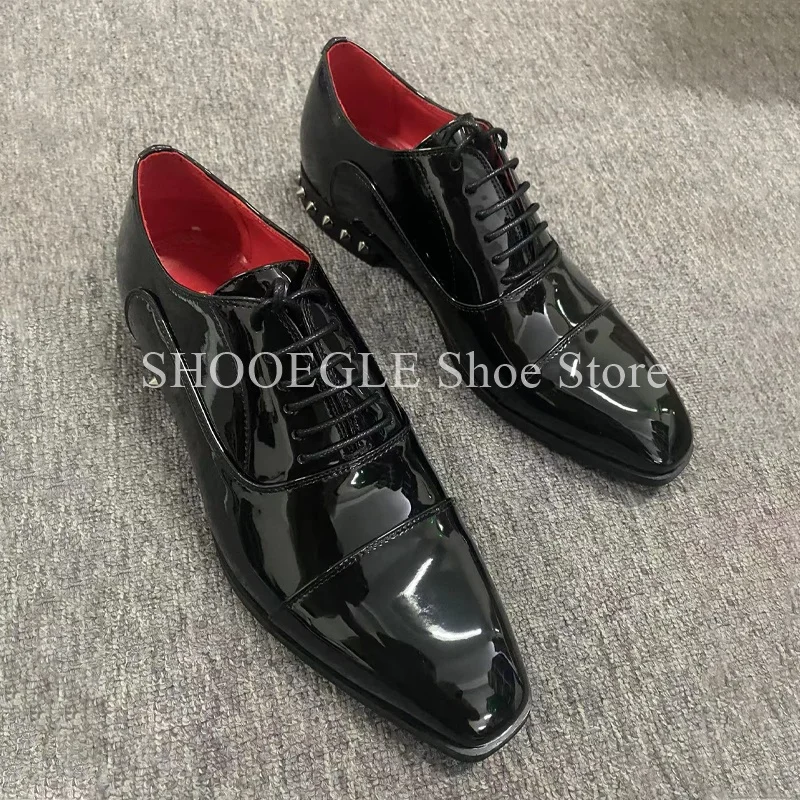 

Black Patent Leather Shoes Men Rivet Metal Decorative Loafers Formal Flat Small Square Toe Summer Wedding Business Office Shoes