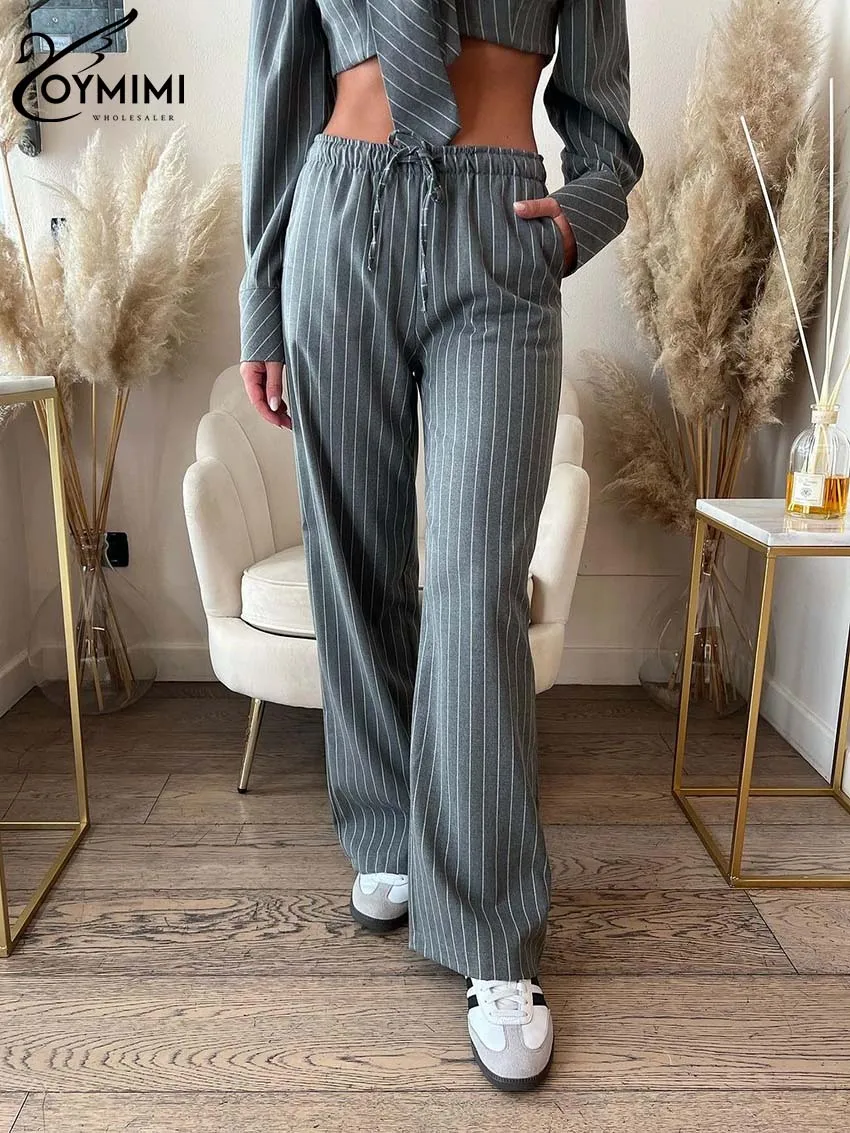 Oymimi Elegant Grey Print Womens 2 Piece Outfit Set Fashion Long Sleeve Button Crop Shirts And Drawstring Straight Trousers Sets