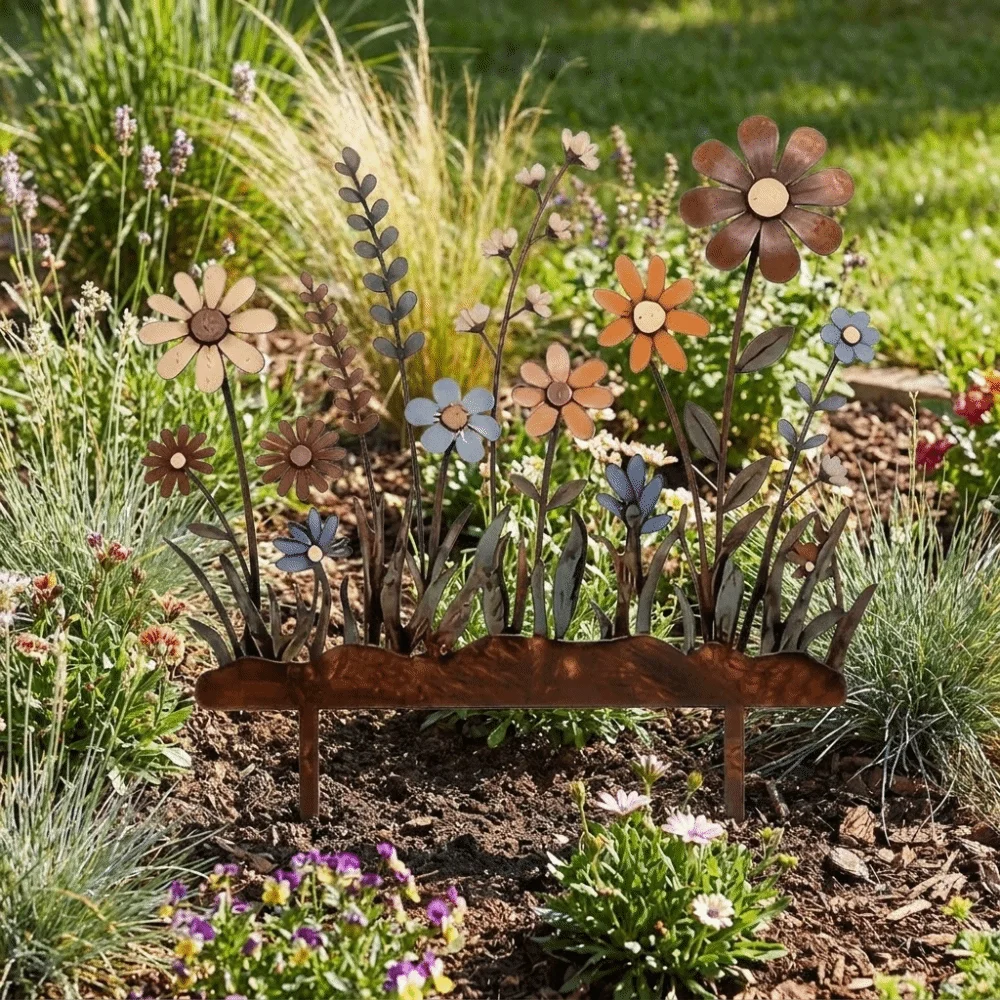 Creative Acrylic 2D Imitation Rusty Garden Pile Retro Rustic Flower Pattern Stakes Floral Design Colorful Ground Stakes Garden