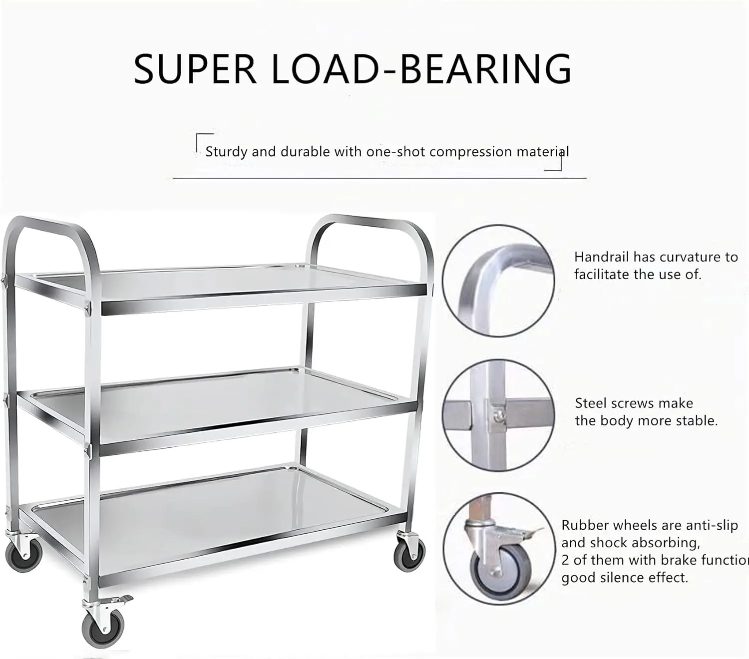 37.4x19.7x37.4 Inch Stainless Steel Cart Large 3 Tier Kitchen Utility Rolling Cart Service Catering Storage Cart with Locking Wh