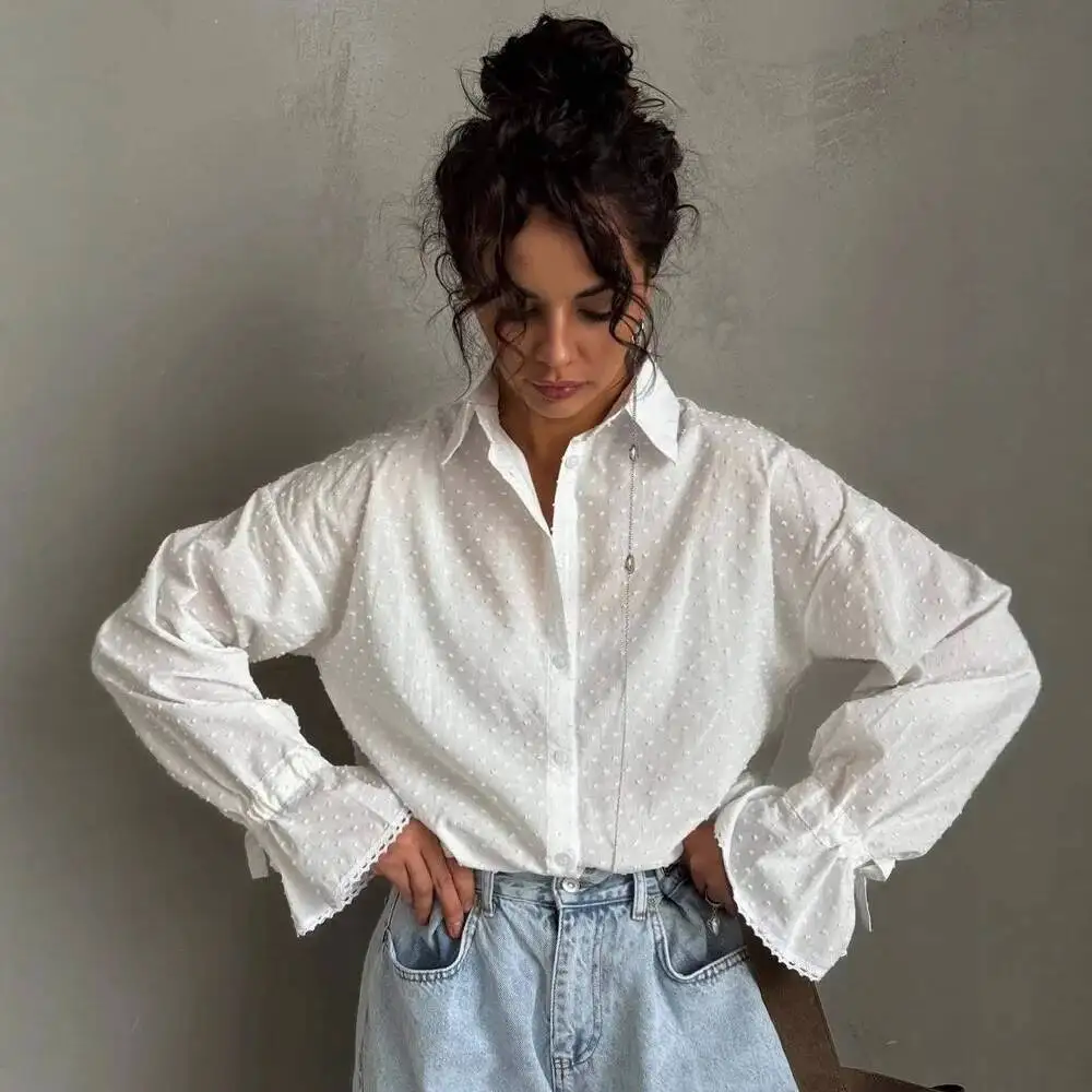 Single Breasted Cardigan Cotton Blouse Women's White Shirts Spring Fashion Autumn New Flared Sleeve Top