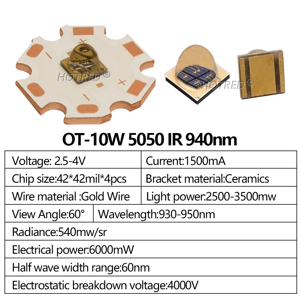 LED 10W infrarossi IR 940nm ad alta potenza 5050 XML Bead Chip emettitore 4Chip staffa in ceramica DC2.5-4.0V 1500mA per telecamera per visione