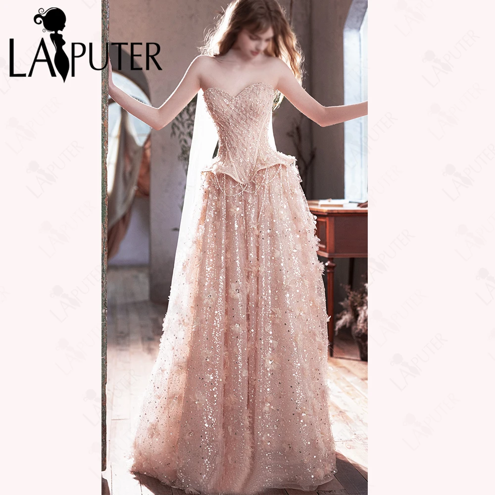 Sparkling Pink A Line Prom Dress Sweetheart Beaded Corset Boned Bodice Crisscross Shimmering Star-Patterned 3D Flower Party Gown
