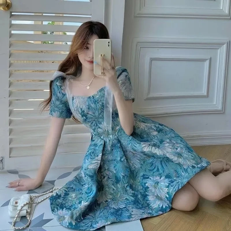 Women's Summer Chic Floral Mini Dress 2024 Japan Korean Summer Graceful Blue Square Collar Ribbon Bowknot Short Sleeve Dresses