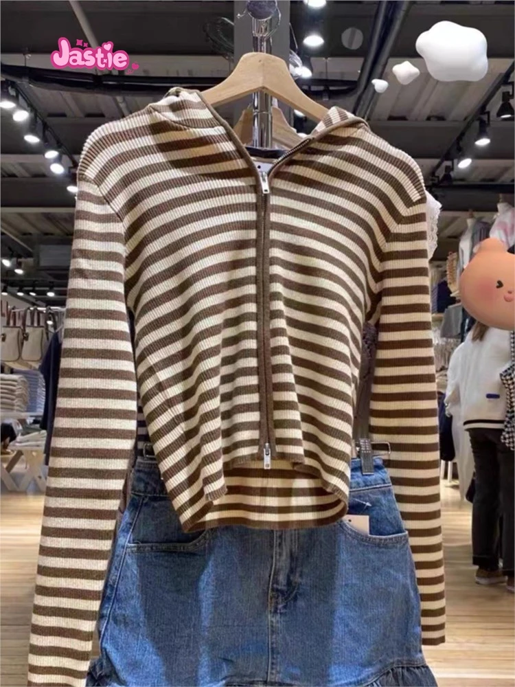 Vintage Striped Knit Hooded Cardigan Women Autumn Y2k Streetwear Long Sleeve Zipper Sweater Female Harajuku Sweet Slim Tops 2022