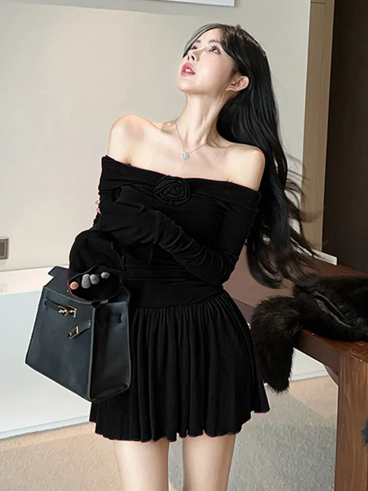 

Black Mysterious Sexy Gentle Temperament Women'S Short Shoulder A-Line Pleated Dress