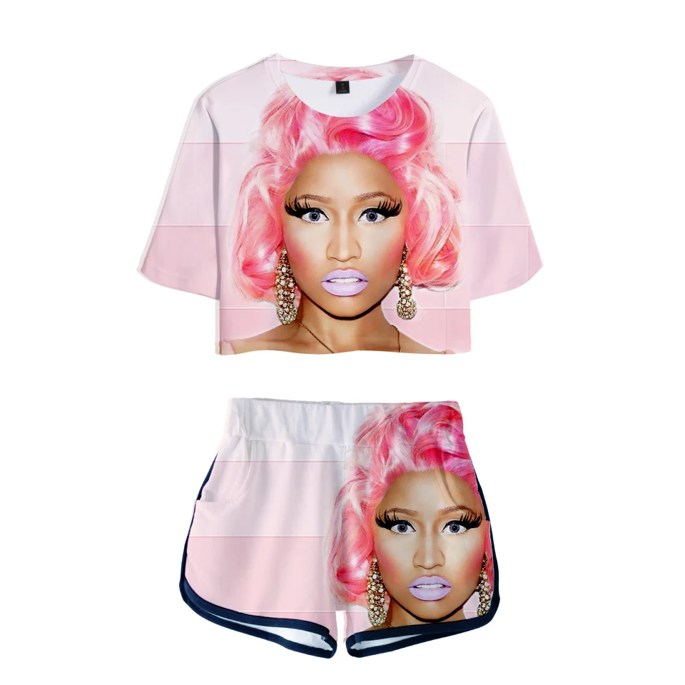 Fashion Youthful 3D Print Nicki Minaj Short Sleeve Sexy Shorts+lovely T-shirts Dew navel Girl suits Two Piece Set