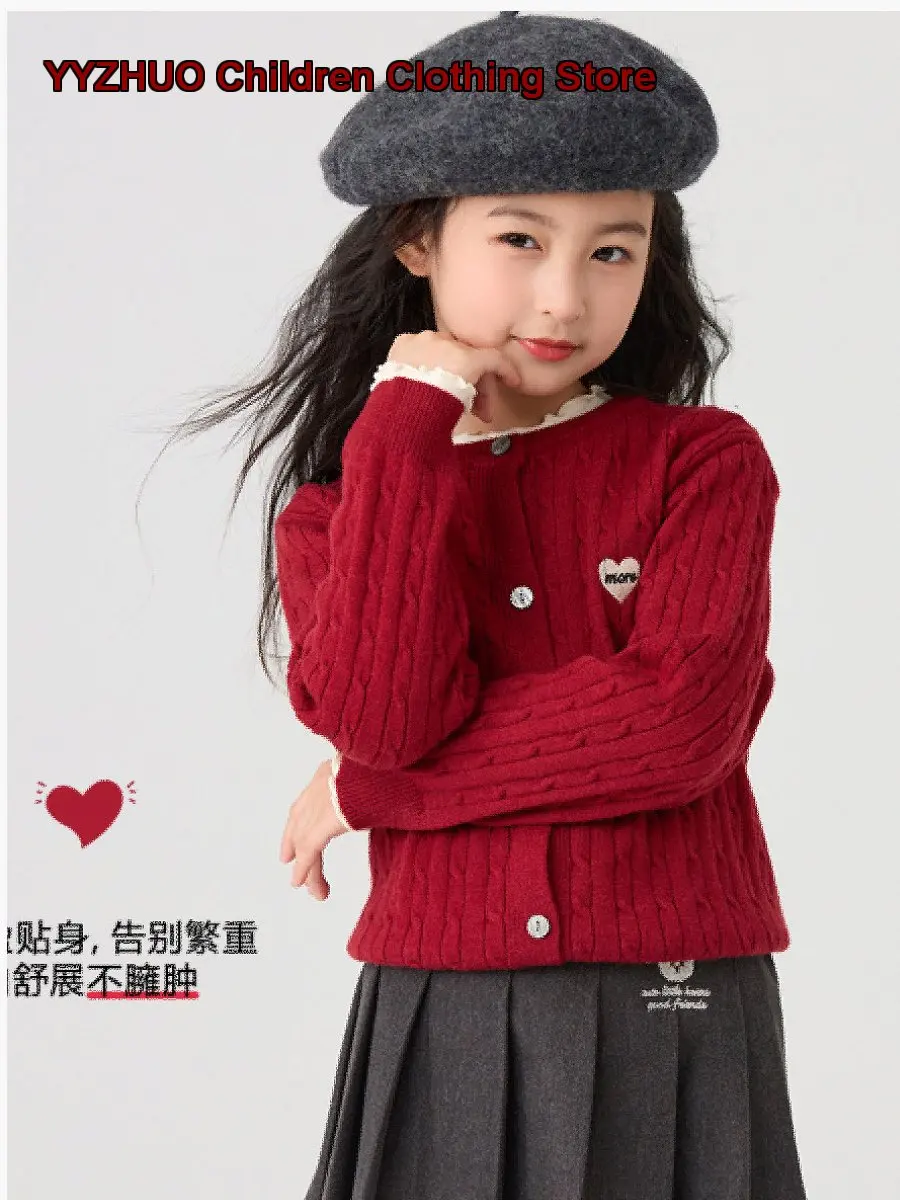 Girls Cardigan Kids Winter Fair Isle Red Knit Jacket Older Kids