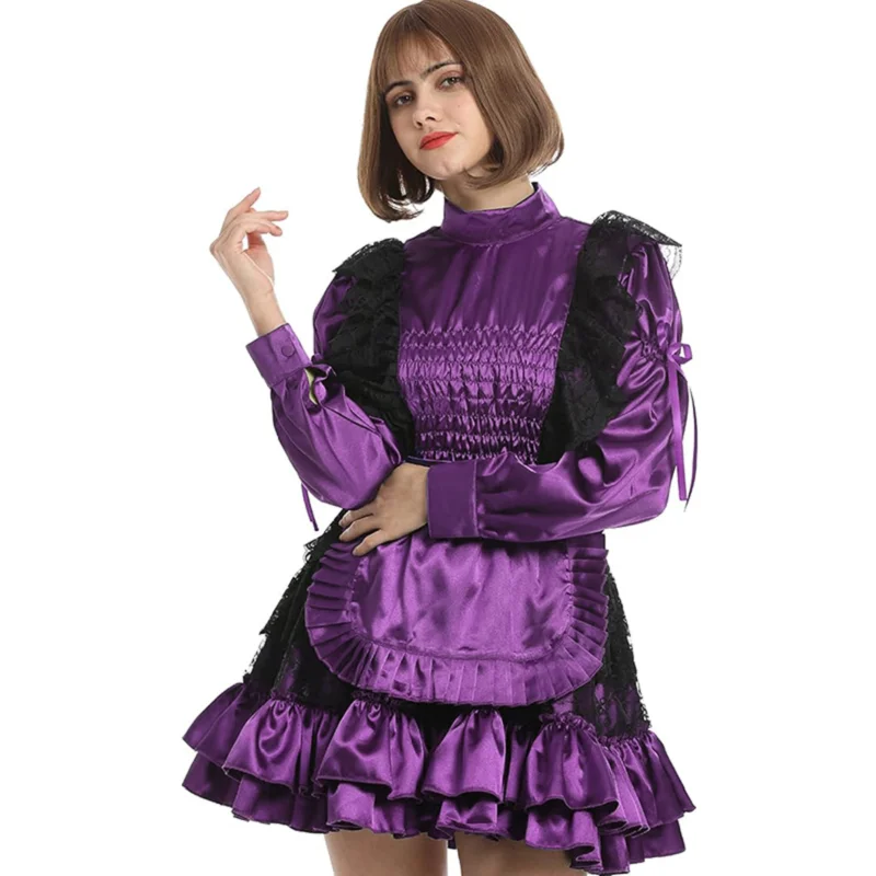 Fashion Adult Girl Purple Satin Long Sleeve Dress Multi layered Black Lace Trimmed Sissy Short Dress Multi Color