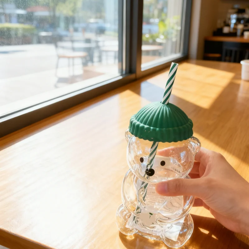 

Holiday Teddy Bear Cup Cover Cartoon Bear Shaped Coffee Mug Cute Bear Mug Glass Cup with Straw Birthday Christmas Gifts for