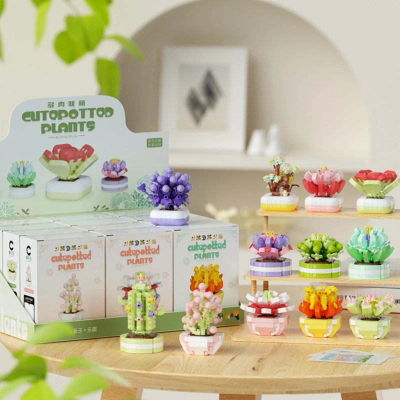 Bloques de construcción de modelo de Cactus de flor eterna, juguetes creativos, ensamblaje de ramo, planta suculenta, microbloques en maceta, decoración de juguete