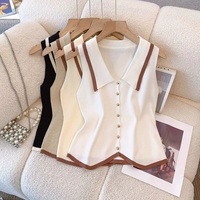 Women Summer Sweater Korean Fashion Polo Neck Slim Fit Knitted Vest Sleeveless Single Breasted Female Tank Top Clothing