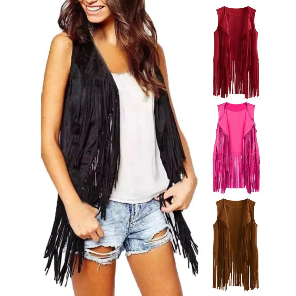 Fashion Women's Fringed Vest Cardigan Jacket Faux Fur Suede Ethnic Sleeveless Vintage Tassel Coat Solid Color Leather Waistcoat