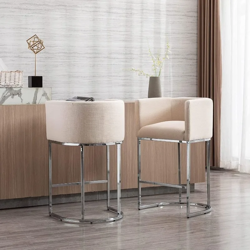 Contemporary Cream Linen Bar Stools Set of 2, 29\