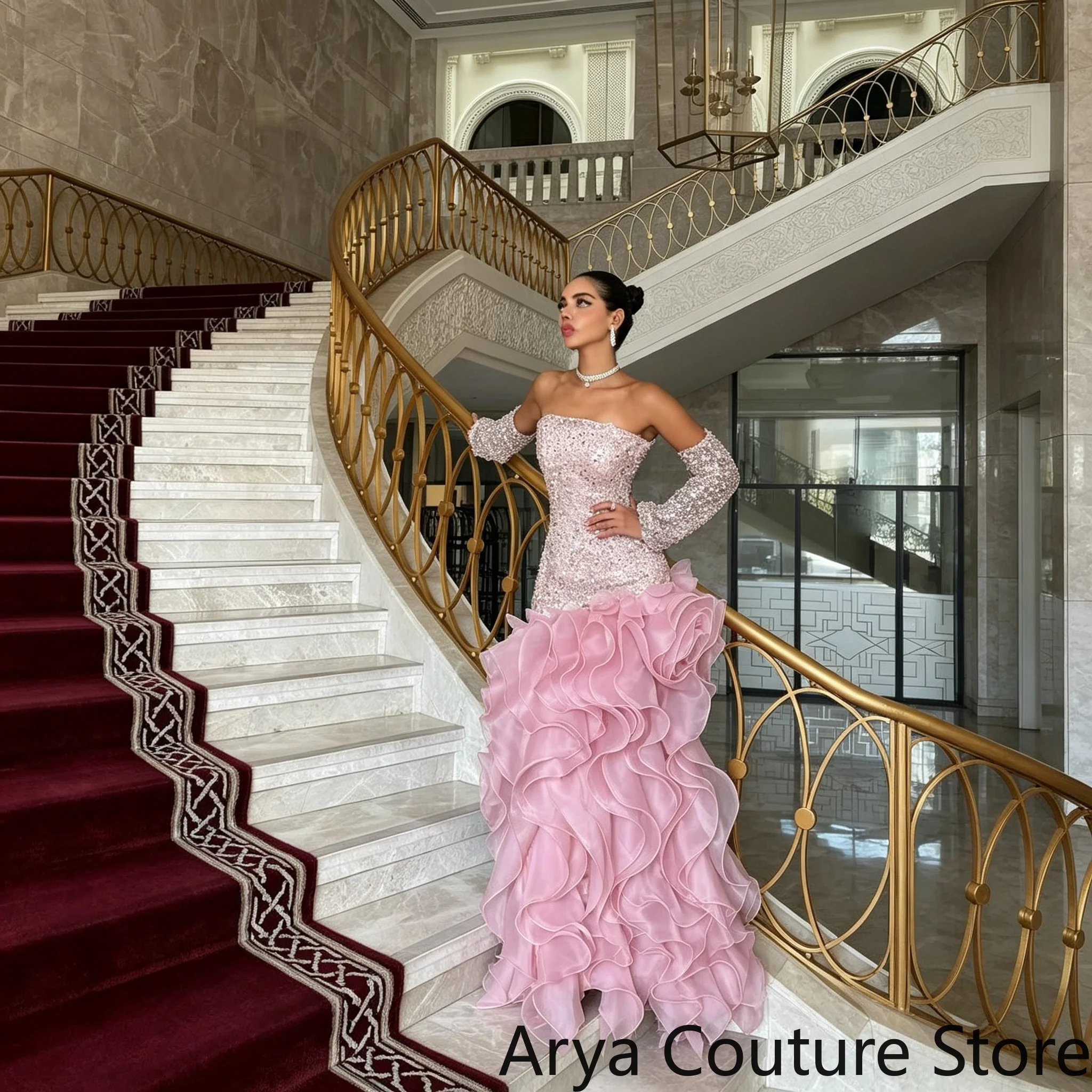 Pink Silver Mermaid Prom Dress Fully Sequin Beaded Bodice Matching Detachable Long Sequin Gloves Fitted Bodycon Multi‑Tiered