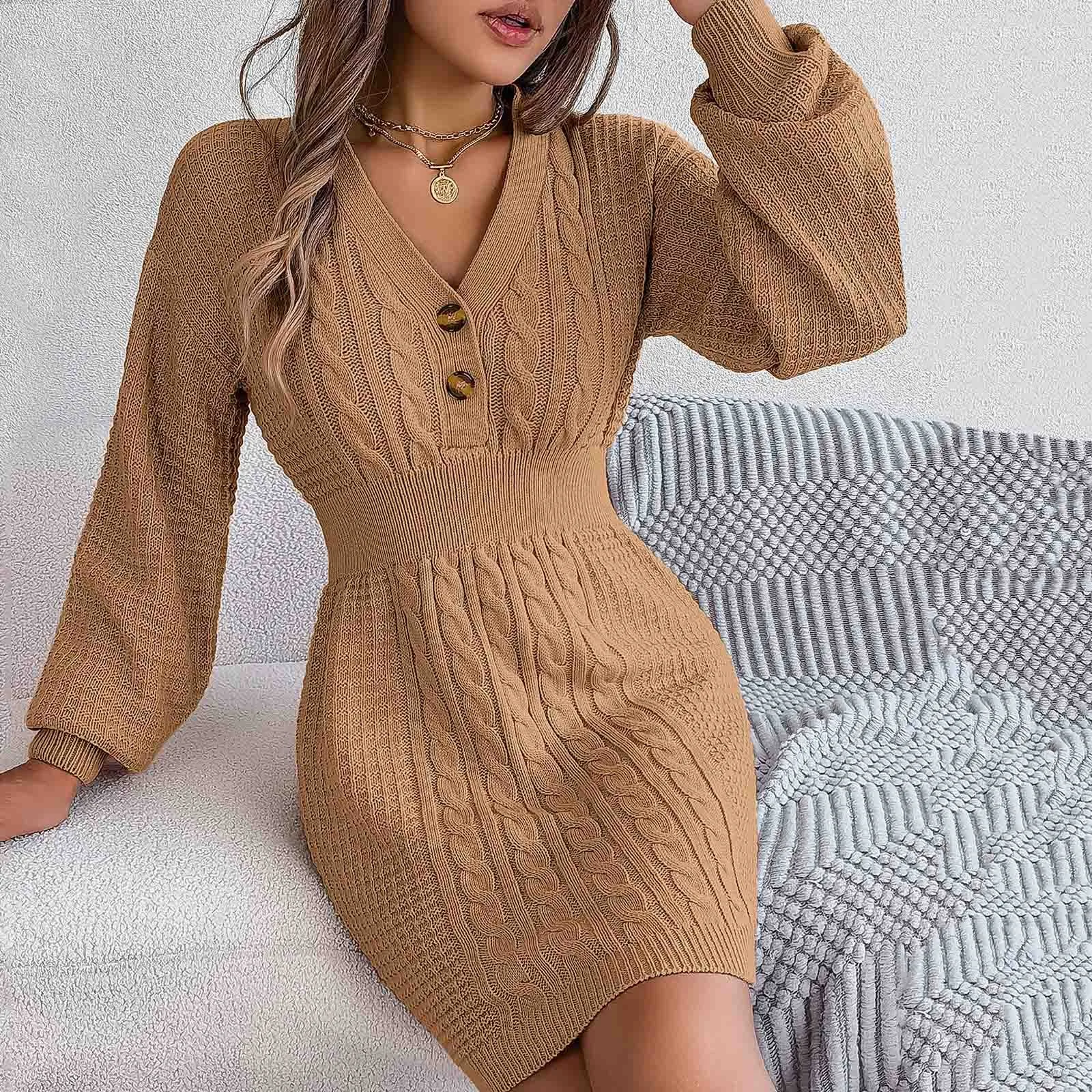 New In Autumn Winter Sweater Dress Fashion Sexy V-neck Lantern Sleeve High Waist Knitted Pack Hip Streetwear Party Warm Dresses