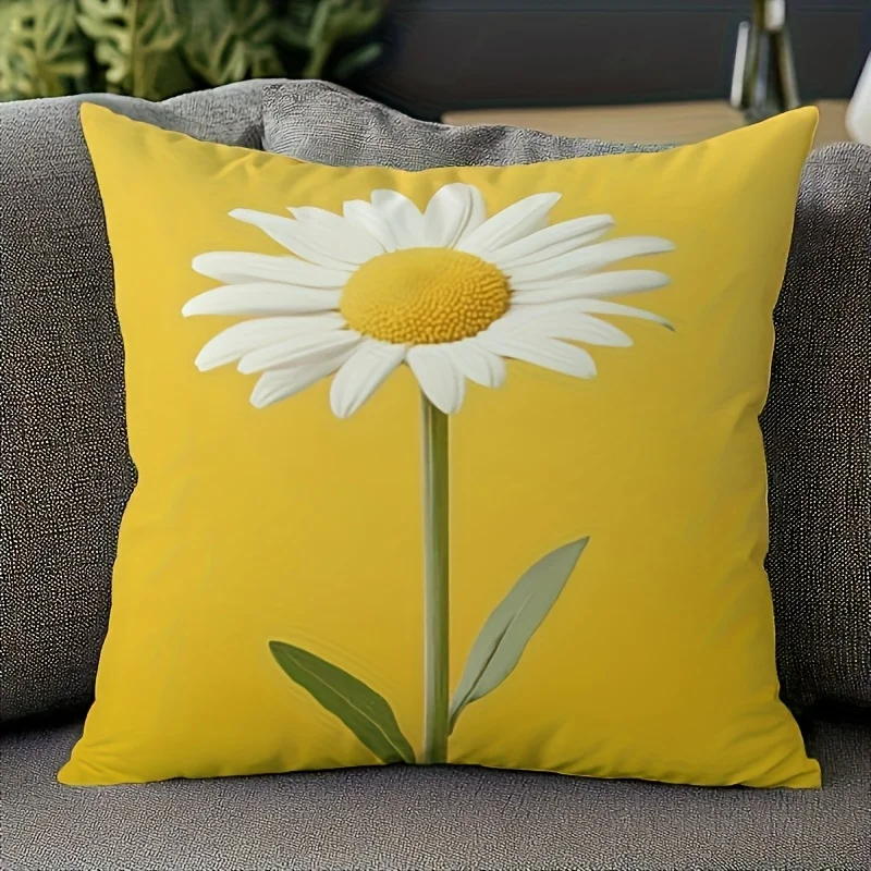 1pc Bright Yellow Daisy Decorative Pillowcase, 2D Double Sided Print Polyester Cushion Cover, Cheerful Floral Home Accent Pillow