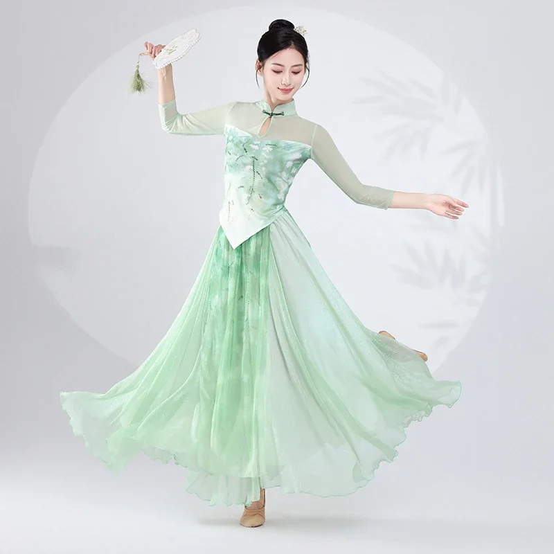 

Классическая танцевальная одежда, марлевая одежда, тренировочная одежда, женская элегантная зеленая распашная юбка, китайское танцевальное представление