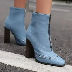 Plus Size Rivet Front Zipper Ultra-High Wood Grain Thick Heel New Autumn Boots with Striped Snake Pattern for Women's Boots35-45