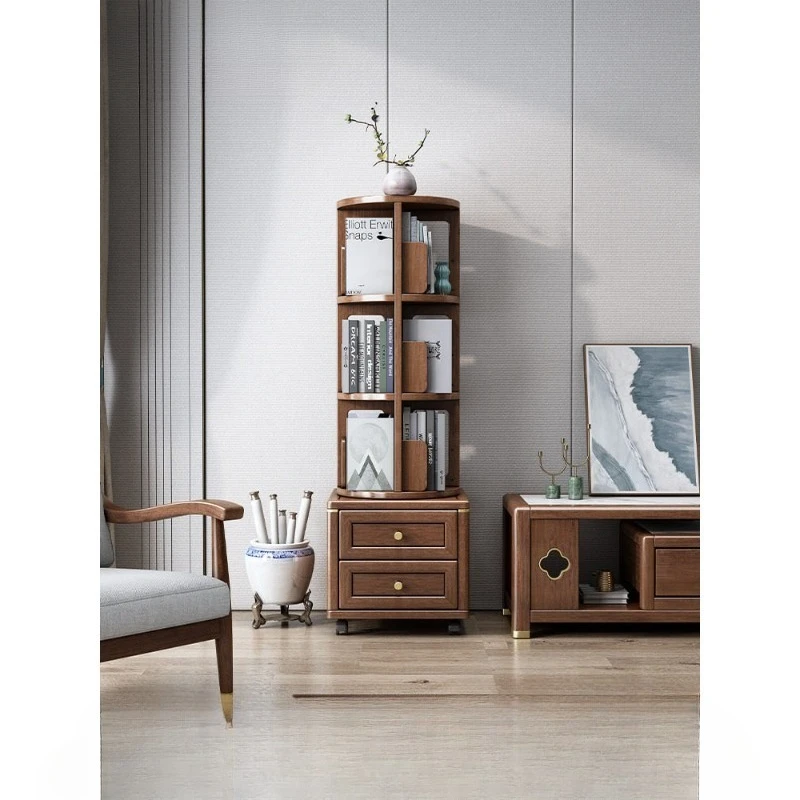 New Chinese solid wood rotating bookshelf 360 degree household floor removable bookcase shelf