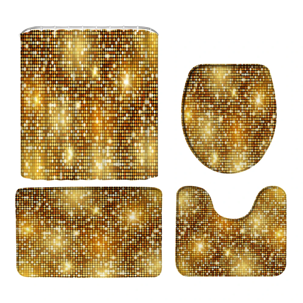 Golden Dream Mosaic Print Shower Curtains Shiny Decor for Bathroom Polyester Fabric Decorative Bath Screen Toilet Cover Carpet