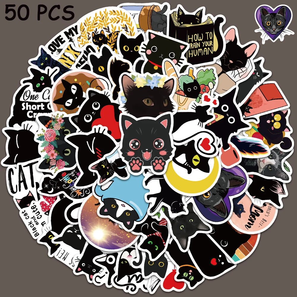 

50pcs Cute Black Cat Animal Stickers Waterproof Vinyl Laptop Guitar Skateboard Luggage Phone Fridge Graffiti Sticker Decals